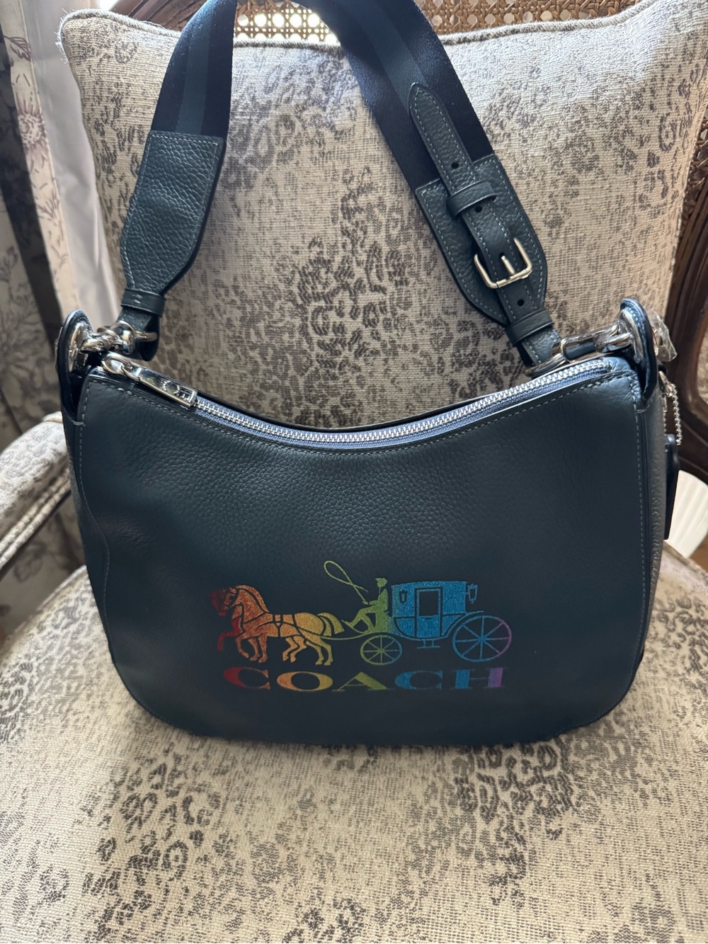 Coach Navy Leather Shoulder Bag with Rainbow Carriage Logo